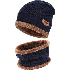 🆕 Kids Blue Toddler Winter Warm Knit Beanie Hat Neck Scarf Set Fleece Cap Gift